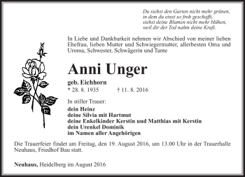 Traueranzeige von Anni Unger von Südthüringer Presse