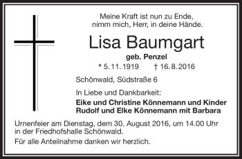 Traueranzeige von Lisa Baumgart von Frankenpost