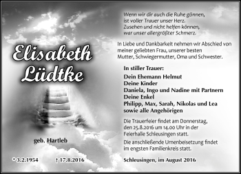 Traueranzeige von Elisabeth Lüdtke von Südthüringer Presse
