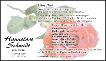 Traueranzeige von Hannelore Schmidt von Südthüringer Presse