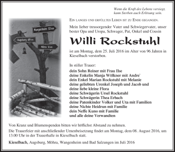 Traueranzeige von Willi Rockstuhl von Südthüringer Presse