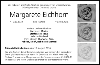 Traueranzeige von Margarete Eichhorn von Neue Presse Coburg