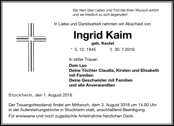 Traueranzeige von Ingrid Kaim von Neue Presse Coburg