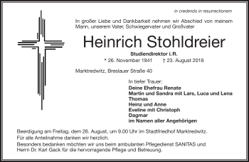 Traueranzeige von Heinrich Stohldreier von Frankenpost