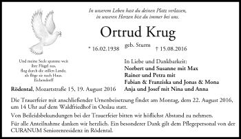 Traueranzeige von Ortrud Krug von Neue Presse Coburg