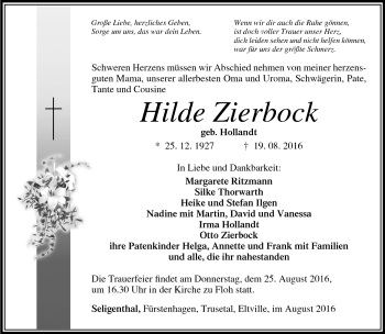 Traueranzeige von Hilde Zierkock von Südthüringer Presse