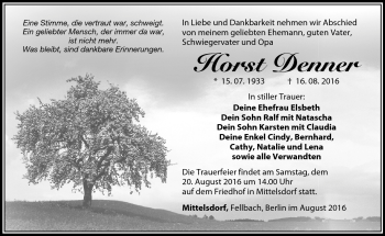 Traueranzeige von Horst Denner von Südthüringer Presse