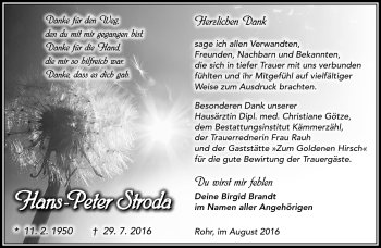 Traueranzeige von Hans-Peter Stroda von Südthüringer Presse
