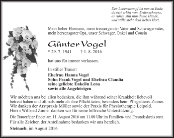 Traueranzeige von Günter Vogel von Südthüringer Presse