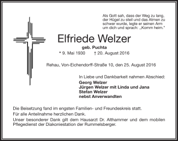 Traueranzeige von Elfriede Welzer von Frankenpost