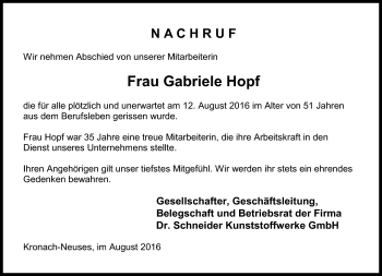 Traueranzeige von Gabriele Hopf von Neue Presse Coburg