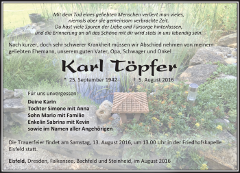 Traueranzeige von Karl Töpfer von Südthüringer Presse