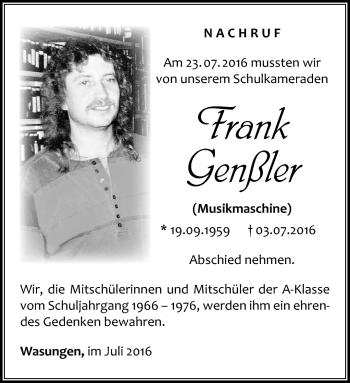 Traueranzeige von Frank Genßler von Südthüringer Presse