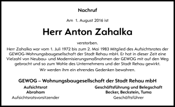 Traueranzeige von Anton Zahalka von Frankenpost