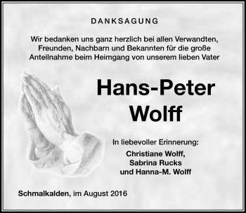 Traueranzeige von Hans-Peter Wolff von Südthüringer Presse