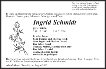 Traueranzeige von Ingrid Schmidt von Südthüringer Presse