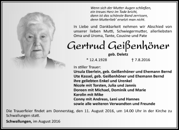 Traueranzeige von Gertrud Geißenhöner von Südthüringer Presse