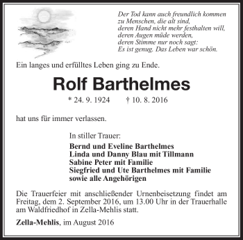 Traueranzeige von Rolf Barthelms von Südthüringer Presse
