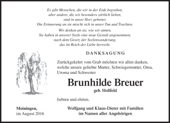 Traueranzeige von Brunhilde Breuer von Südthüringer Presse