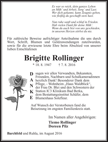 Traueranzeige von Brigitte Rollinger von Südthüringer Presse