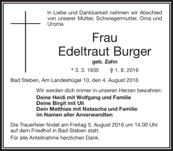 Traueranzeige von Edeltraut Burger von Frankenpost