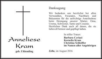 Traueranzeige von Annelise Kram von Südthüringer Presse