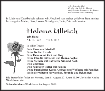 Traueranzeige von Helene Ullrich von Südthüringer Presse