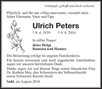Traueranzeige von Ulrich Peters von Südthüringer Presse