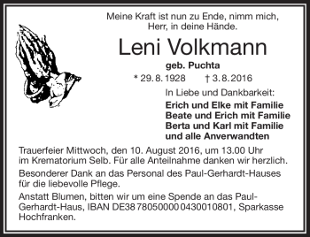 Traueranzeige von Leni Volkmann von Frankenpost