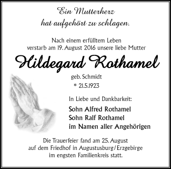 Traueranzeige von Hildegard Rothamel von Südthüringer Presse