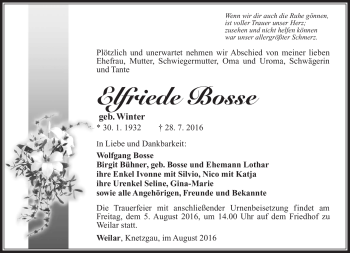 Traueranzeige von Elfriede Bosse von Südthüringer Presse