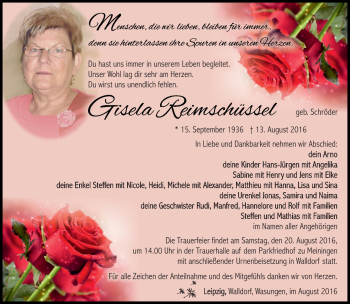 Traueranzeige von Gisela Reimschüssel von Südthüringer Presse