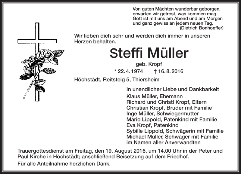  Traueranzeige für Steffi Müller vom 18.08.2016 aus Frankenpost