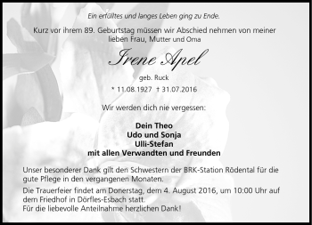 Traueranzeige von Irene Apel von Neue Presse Coburg