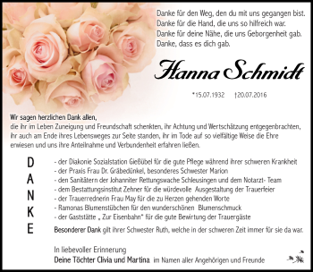 Traueranzeige von Hanna Schmidt von Südthüringer Presse