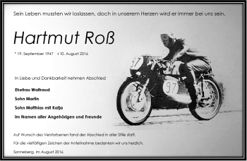 Traueranzeige von Hartmut Roß von Südthüringer Presse