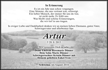Traueranzeige von Artur Dänner von Südthüringer Presse