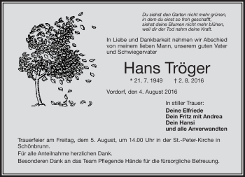 Traueranzeige von Hans Tröger von Frankenpost