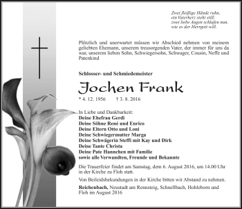 Traueranzeige von Jochen Frank von Südthüringer Presse
