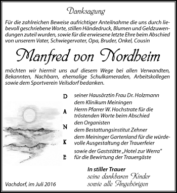 Traueranzeige von Manfred von Nordheim von Südthüringer Presse