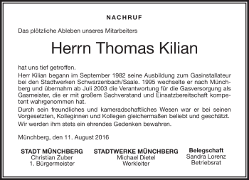 Traueranzeige von Thomas Kilian von Frankenpost