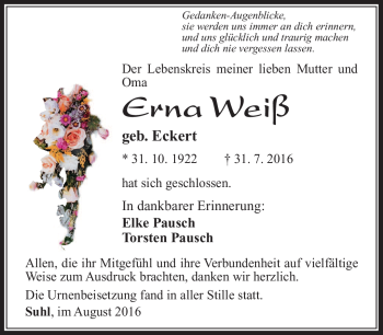 Traueranzeige von Erna Weiß von Südthüringer Presse