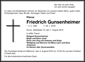 Traueranzeige von Friedrich Gunsenheimer von Frankenpost