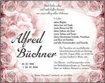 Traueranzeige von Alfred Büchner von Südthüringer Presse
