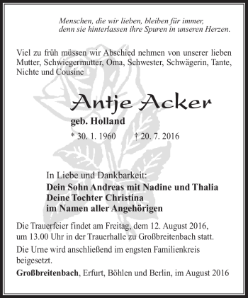 Traueranzeige von Antje Acker von Südthüringer Presse
