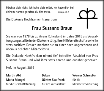 Traueranzeige von Susanne Braun von Frankenpost