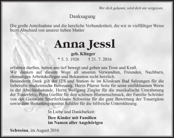 Traueranzeige von Anna Jessl von Südthüringer Presse