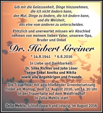 Traueranzeige von Hubert Greiner von Südthüringer Presse