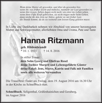 Traueranzeige von Hanna Ritzmann von Südthüringer Presse