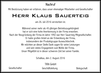 Traueranzeige von Klaus Sauerteig von Südthüringer Presse